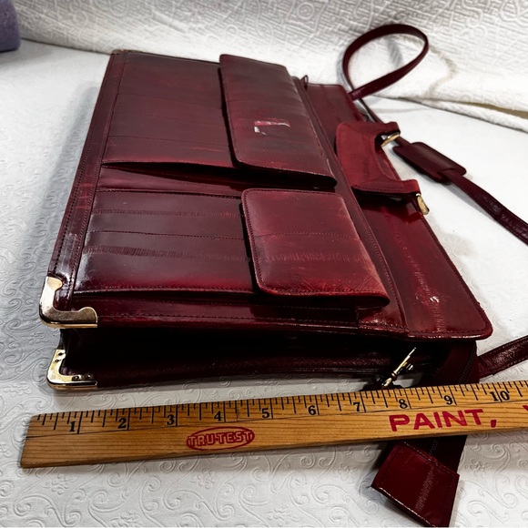 Vintage Eel Skin Leather Burgundy Briefcase 17x11 Ox Blood Red Shiny Academia - Picture 14 of 16